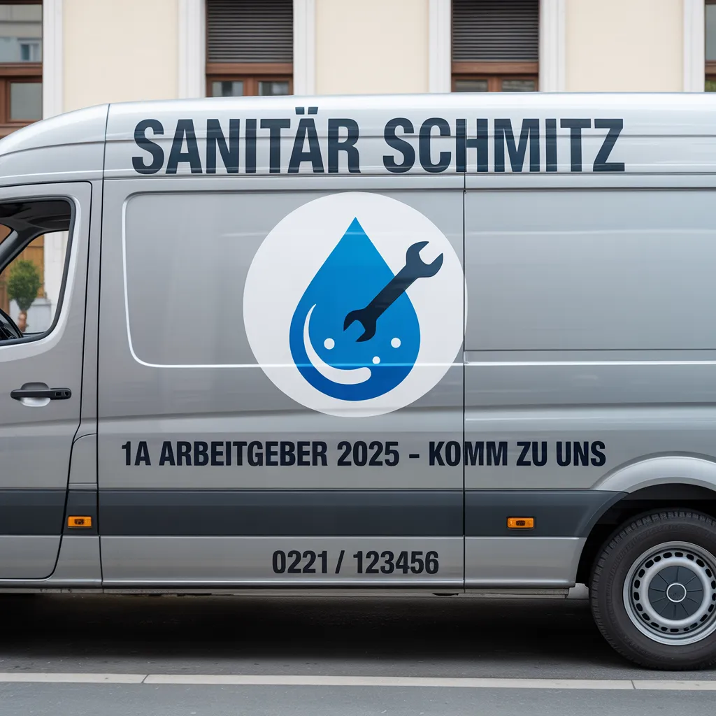 Firmenfahrzeug Sanitär Schmitz mit 1A-Arbeitgeber-Beschriftung