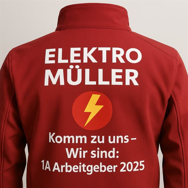 Arbeitsjacke Elektro Müller mit Rückenprint und 1A-Arbeitgeber-Hinweis