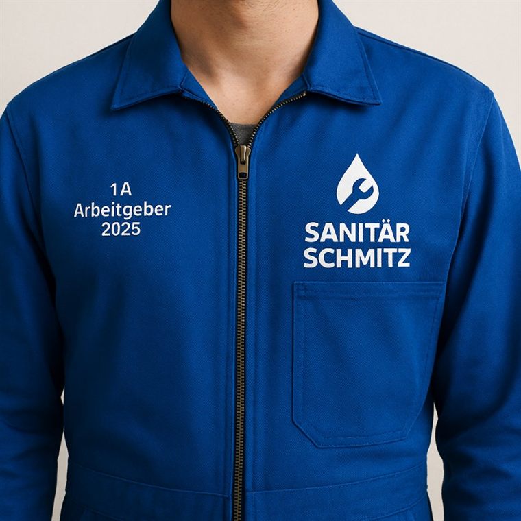 Arbeitsjacke Sanitär Schmitz mit Brustlogo und 1A-Arbeitgeber-Hinweis